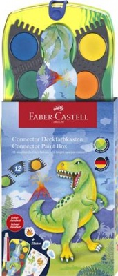 Vodové farby, 12-kusové, skladacie, FABER-CASTELL "Dinosaurus" + 1 tuba bielej temperovej farby + nálepky dinosaura