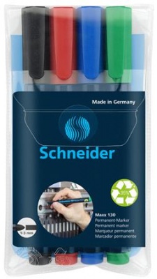 Permanentný popisovač, sada, 1-3 mm, kužeľový hrot, SCHNEIDER "Maxx 130", 4 rôzne farby