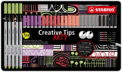 Liner, sada, v kovovej krabičke, STABILO "Creative Tips ARTY", 6 rôznych pastelových farieb, 5 rôznych hrúbok